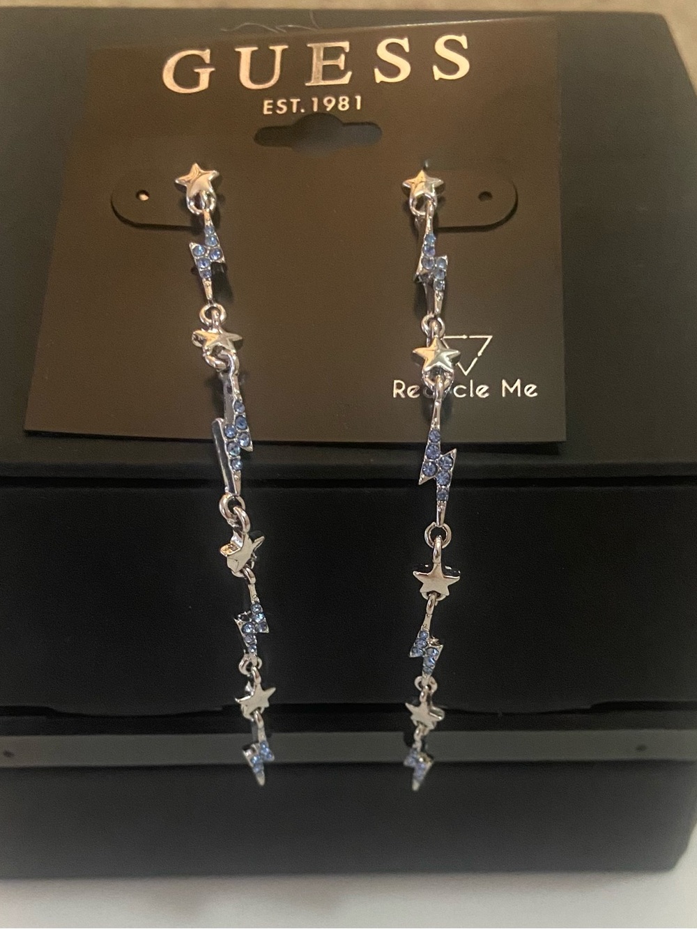 GUESS Silver-Tone Star & Lightning Drop Earrings with Blue Crystals